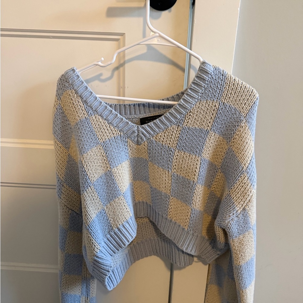 Blue and Cream Checkered Women's Sweater